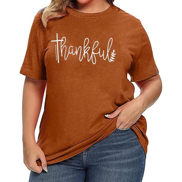 Plus Size Thanksgiving T-Shirt Women Thankful Letter Print Short Sleeve Casual - Picture 3 of 6